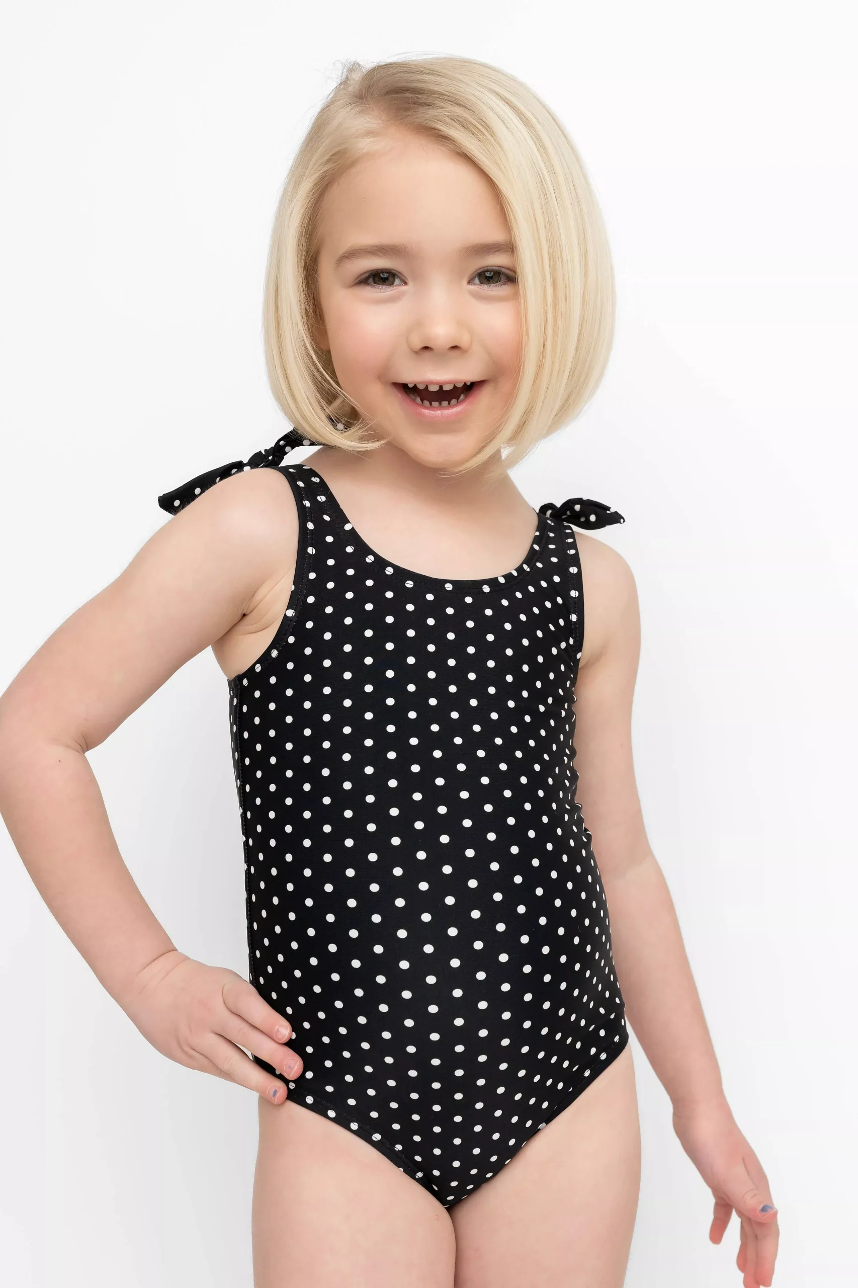 Black & White Polka Dot Bowtie Straps Kids One Piece