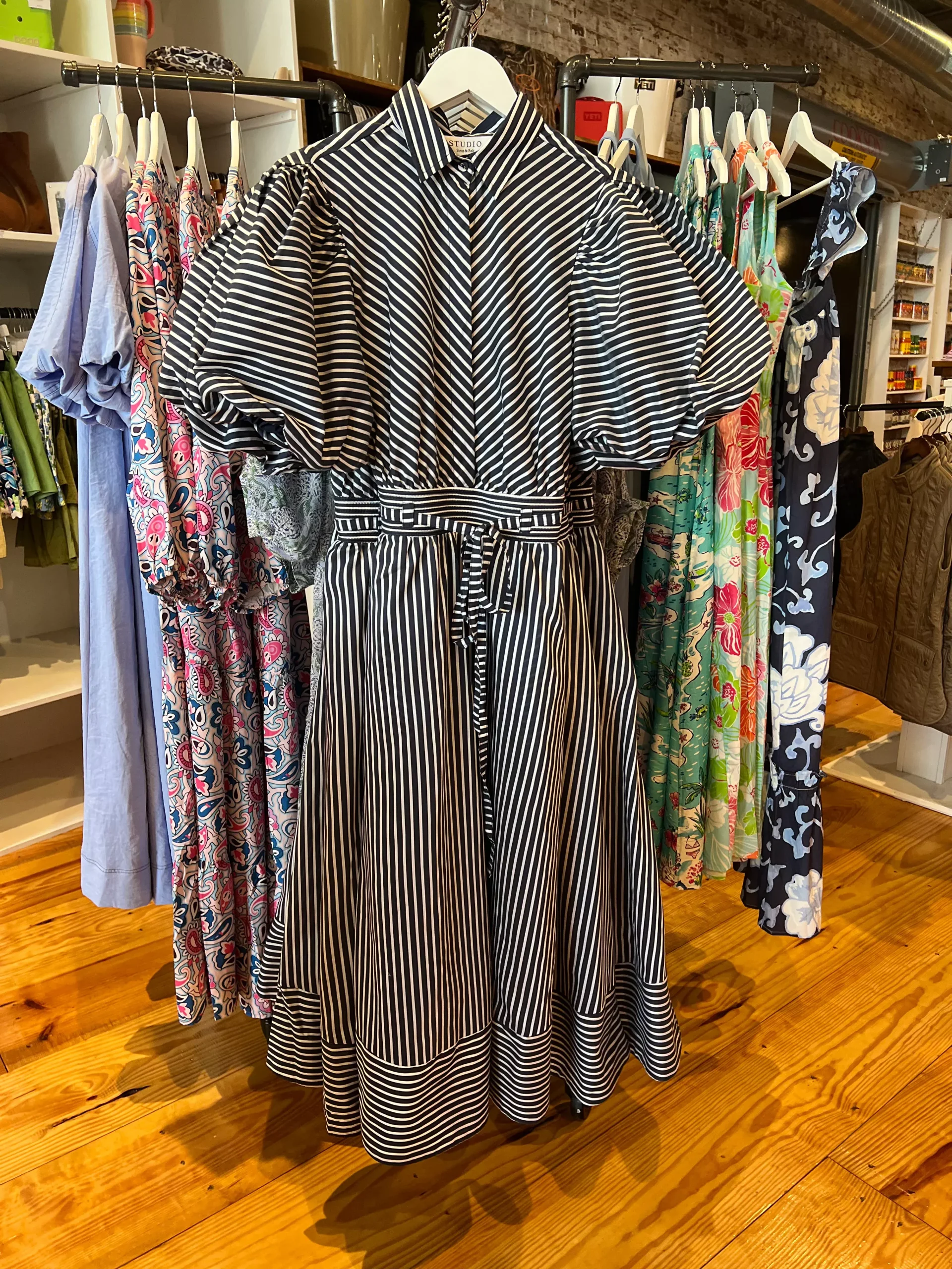 Navy Striped Puff Sleeve Dress