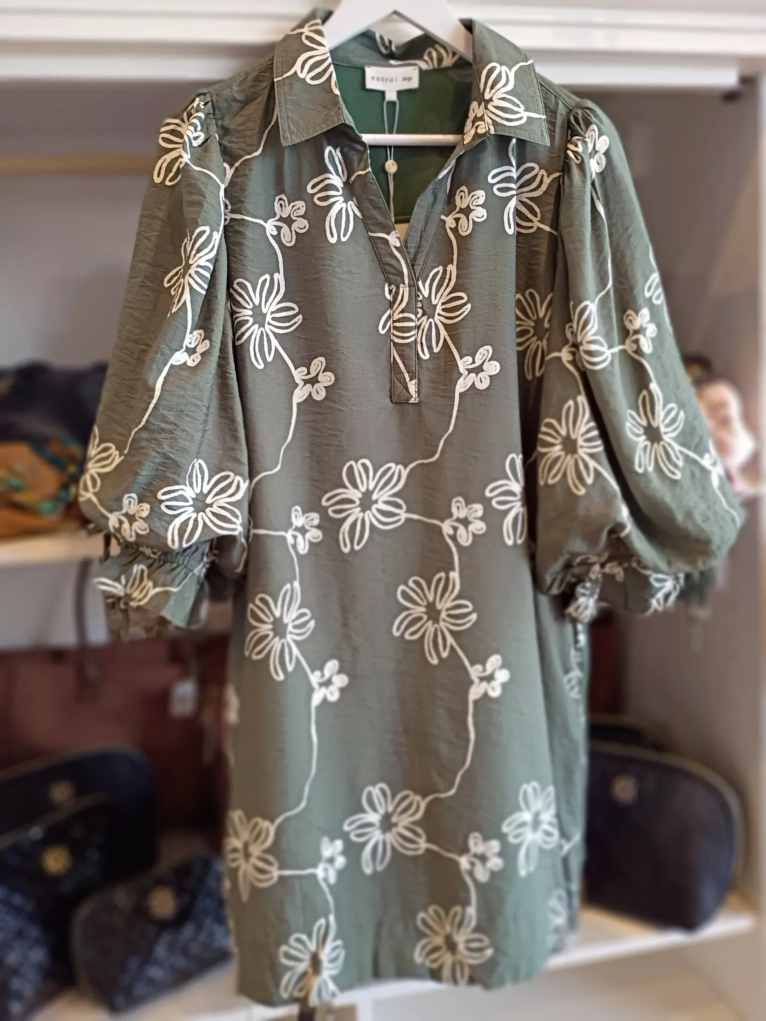 Olive Embroidered Puff Sleeve Dress