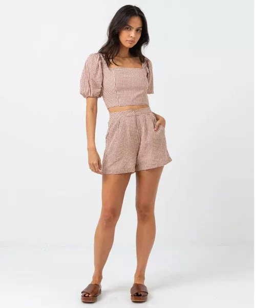 Rhythm Lola Check Short Sleeve Top - Clay