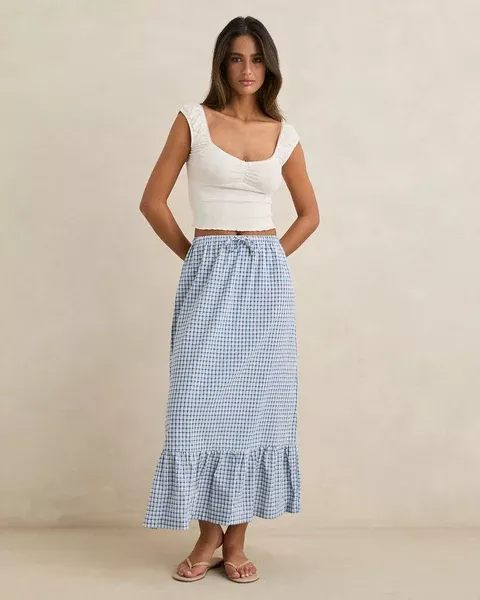 Rhythm Lola Check Tiered Maxi Skirt - Blue